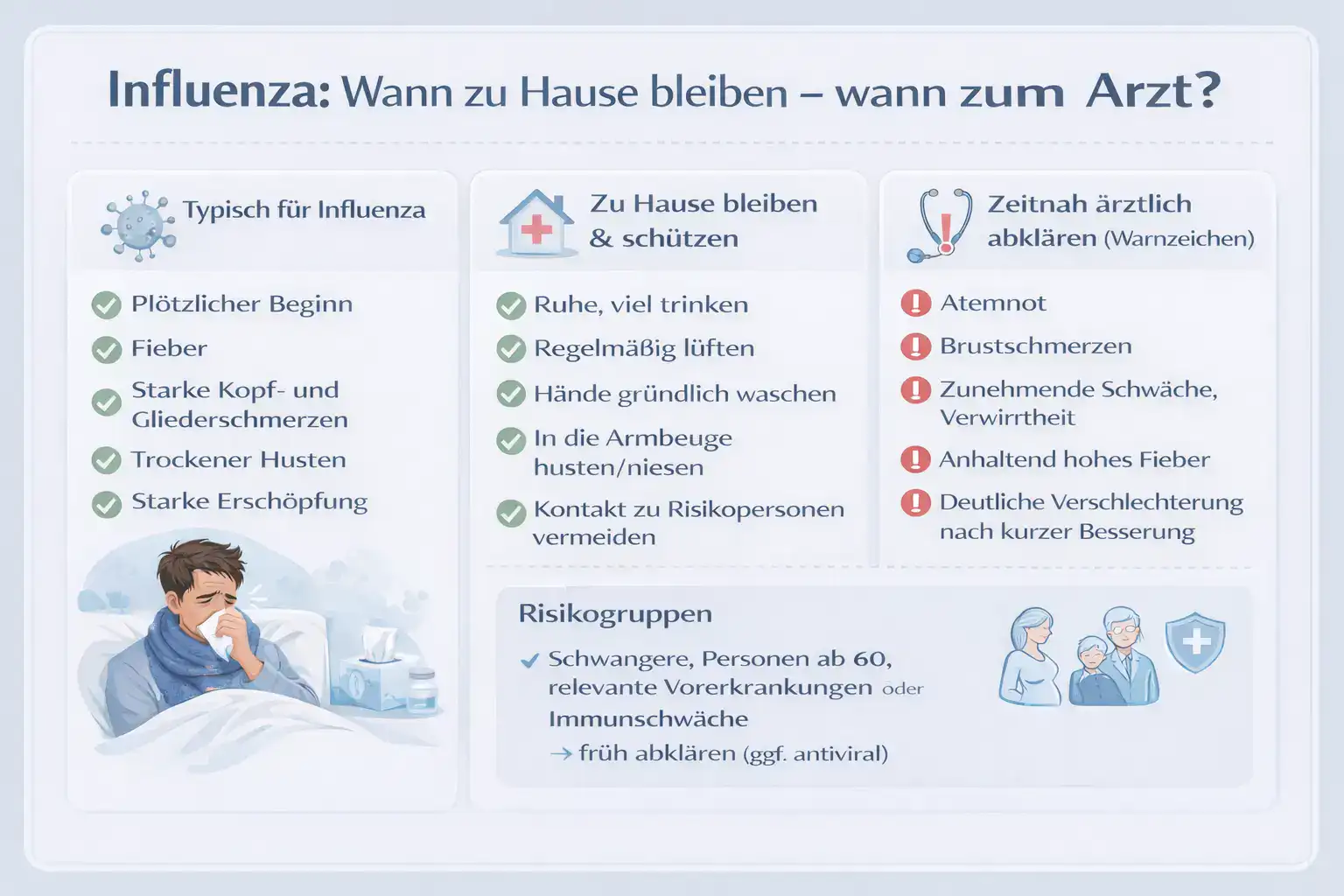 Infografik „Influenza: Wann zu Hause bleiben – wann zum Arzt?“ mit Symptomen, Alltagstipps und Warnzeichen.
