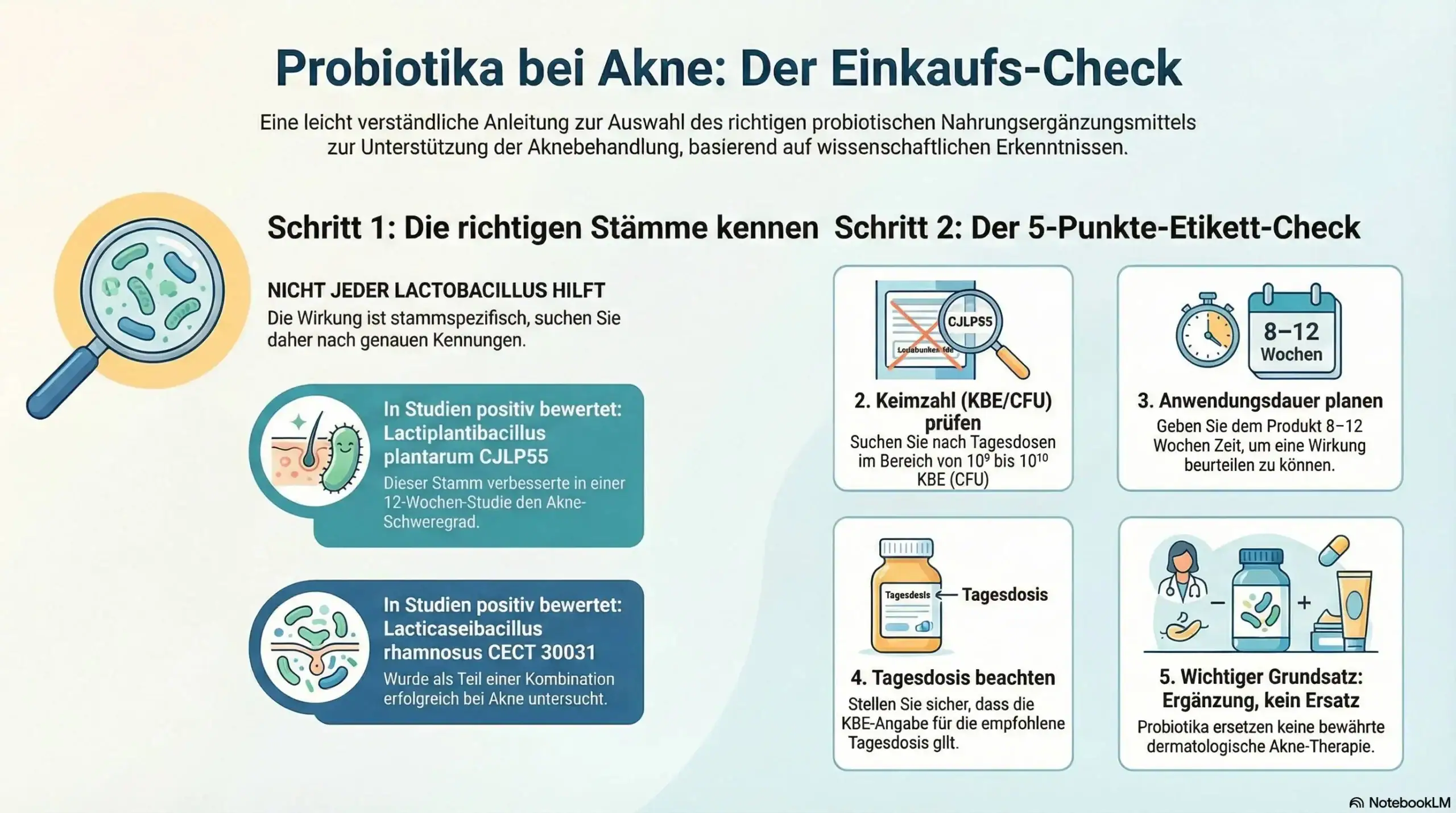 Infografik „Probiotika bei Akne: Der Einkaufs-Check“ mit Stämmen (z. B. plantarum CJLP55, rhamnosus CECT 30031) und 5-Punkte-Etikett-Check (CFU/KBE, Dauer, Dosis).
