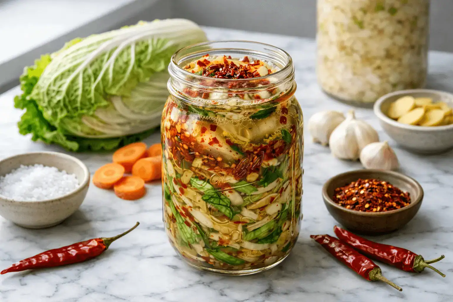 Glas mit Kimchi auf Küchenarbeitsplatte – fermentierter Chinakohl mit Chili, Knoblauch und Gewürzen.