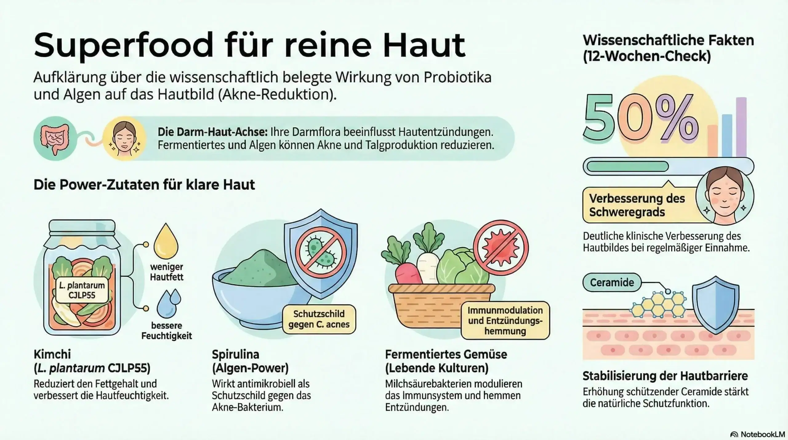 Infografik: Probiotika und Algen als „Superfood für reine Haut“ – Darm-Haut-Achse, Kimchi, Spirulina und fermentiertes Gemüse.