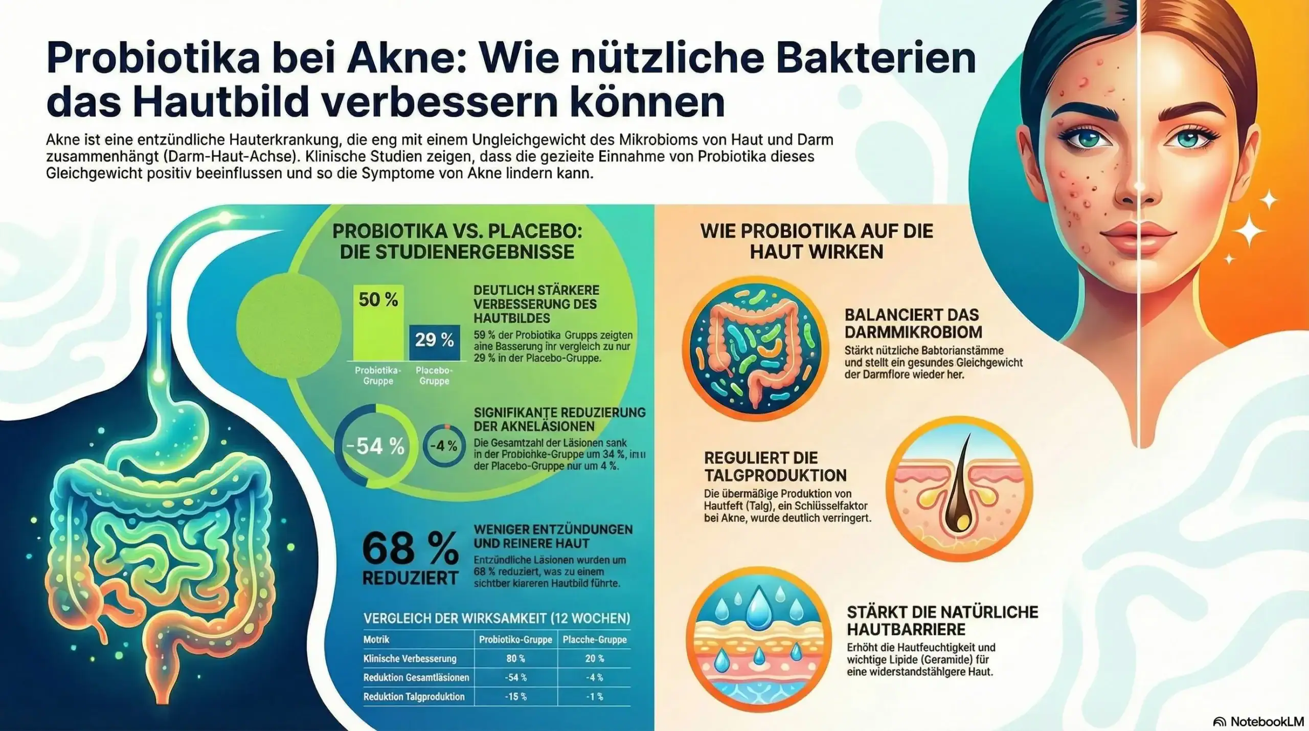 Infografik „Probiotika bei Akne“: Studienvergleich Probiotika vs. Placebo und Wirkmechanismen über Darm-Haut-Achse.