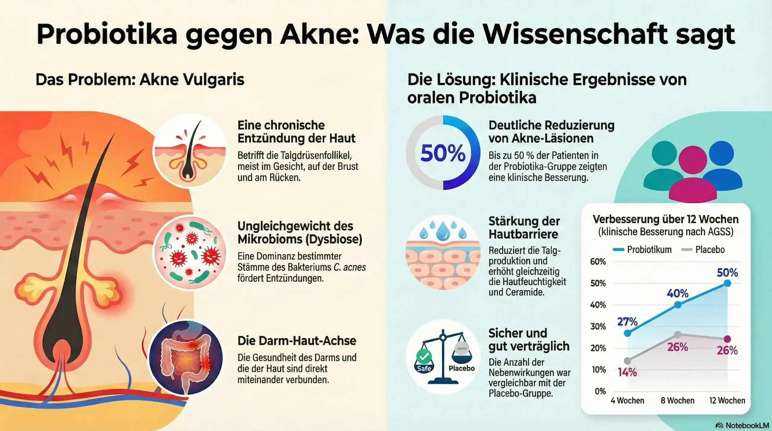 Infografik „Probiotika gegen Akne“: Darm-Haut-Achse, Hautbarriere und Diagramm mit Besserung bis 12 Wochen (Probiotikum vs. Placebo).