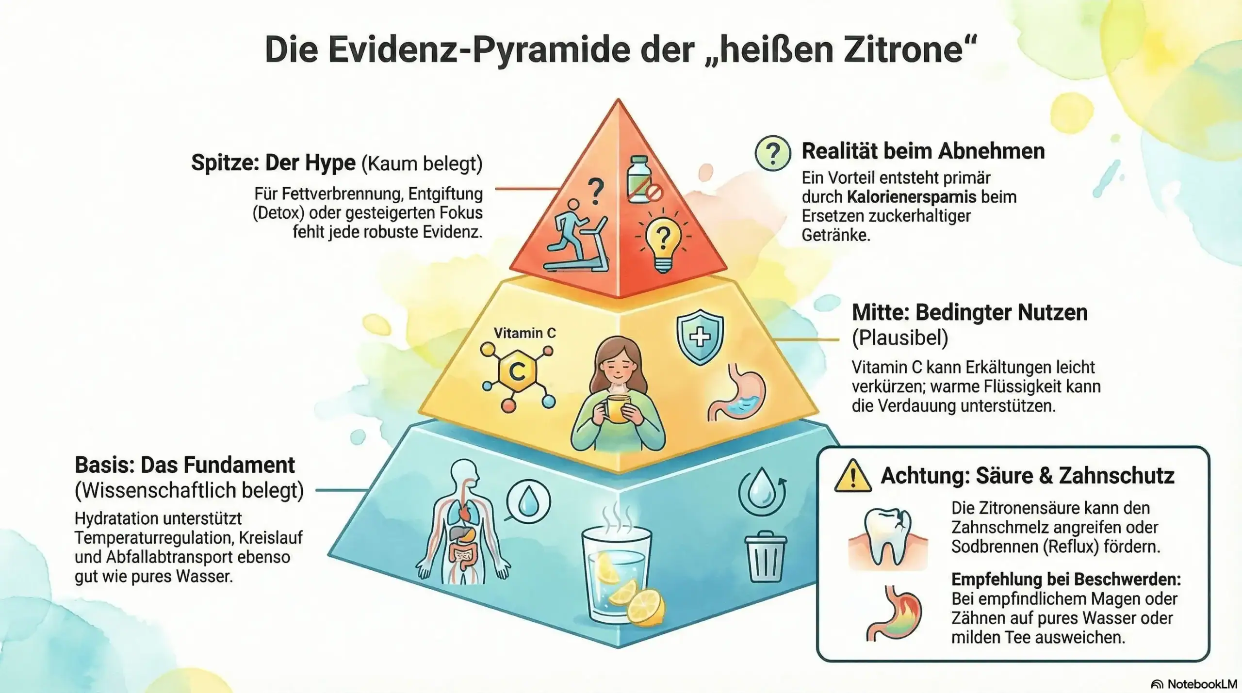 Infografik „Evidenz-Pyramide der heißen Zitrone“ mit Stufen von Hydration bis Hype sowie Hinweis zu Säure und Zahnschutz.