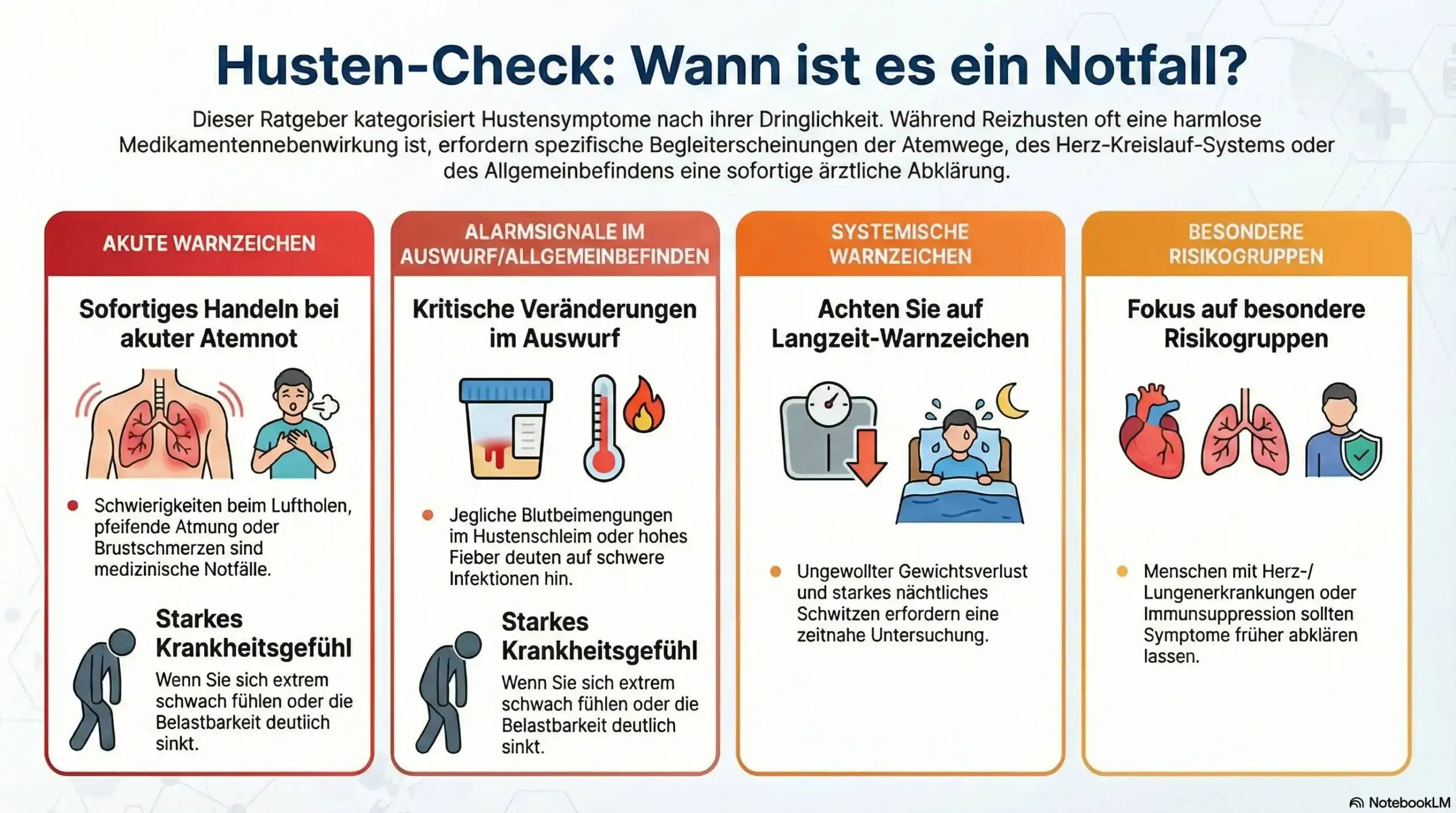 Infografik „Husten-Check“: Warnzeichen für Notfall, kritischer Auswurf/Fieber, Langzeit-Warnsignale und Risikogruppen.
