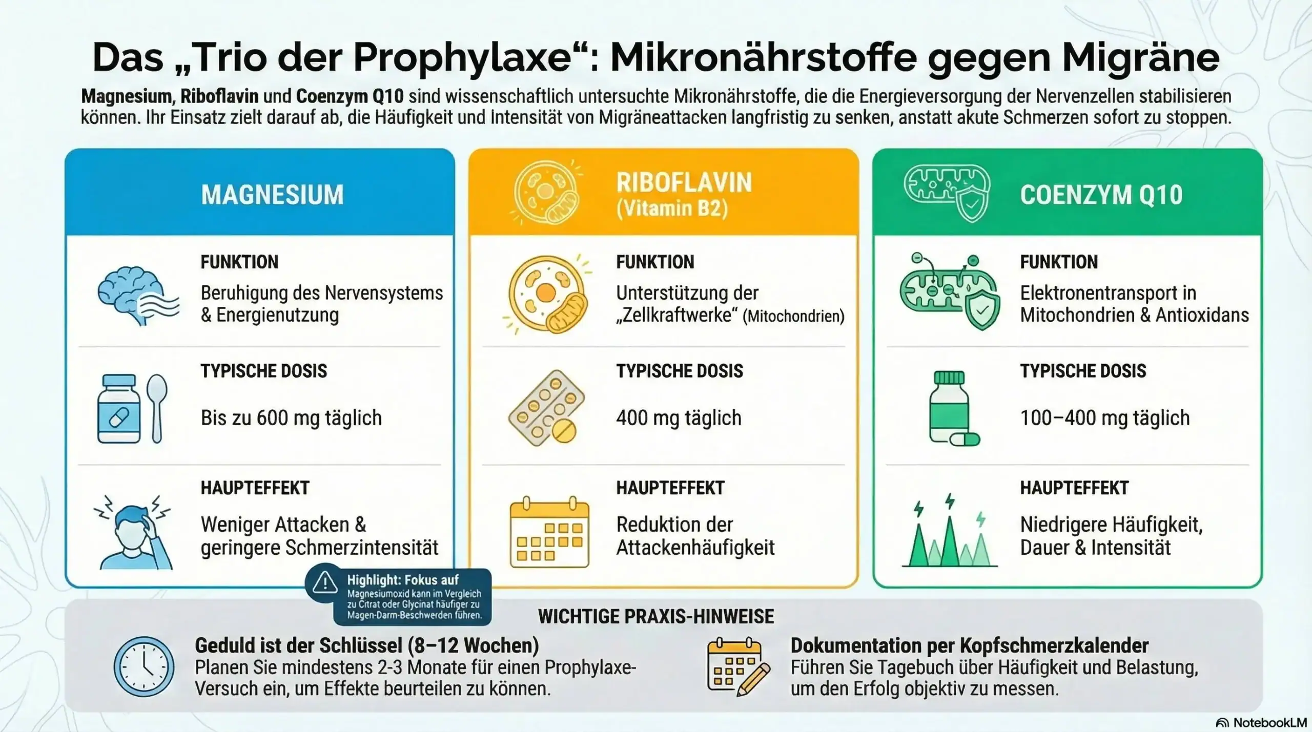 Infografik: „Trio der Prophylaxe“ – Magnesium, Riboflavin (B2) und Coenzym Q10 gegen Migräne mit Funktion, typischer Dosis und Haupteffekt.