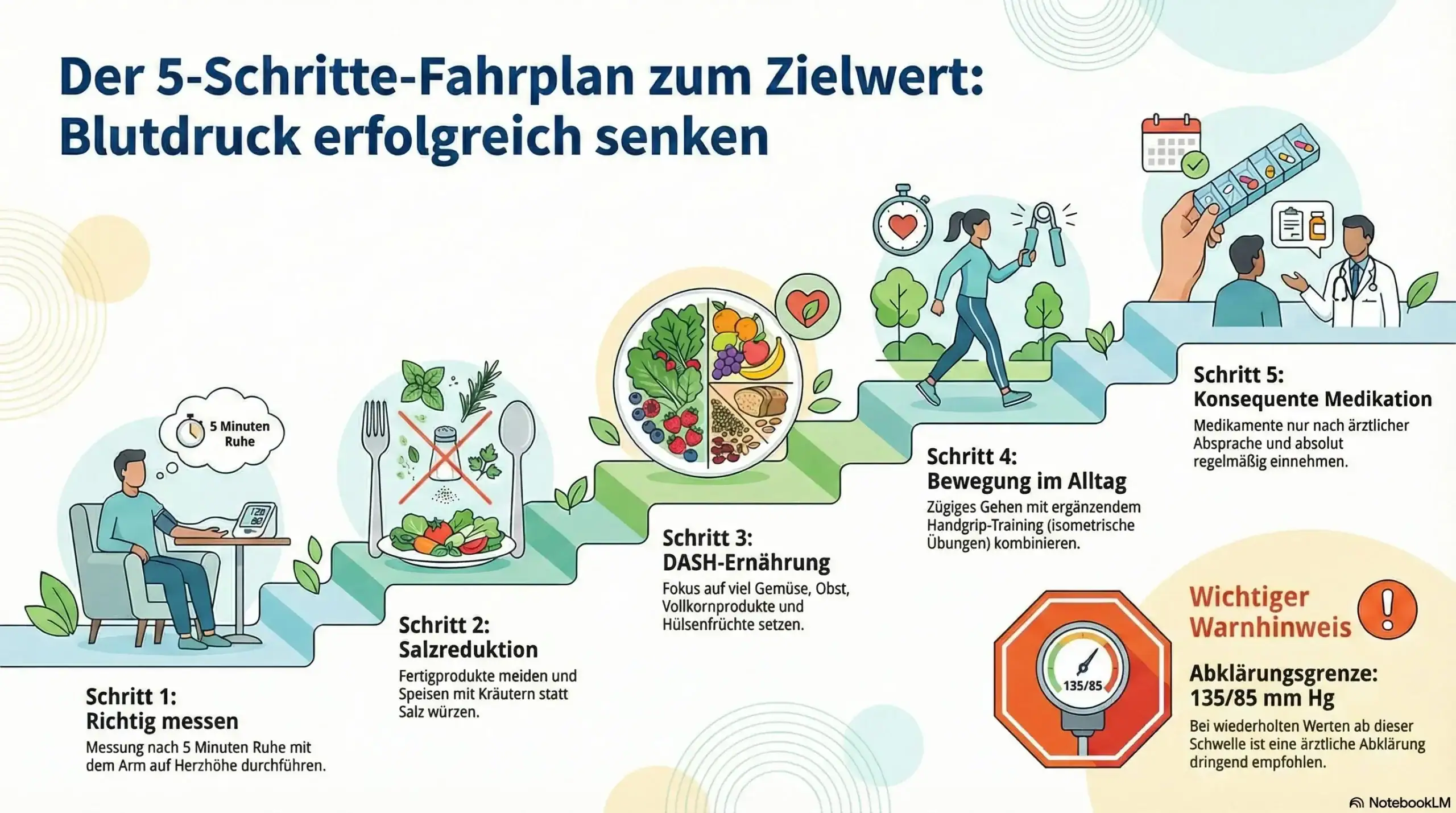 Infografik „5-Schritte-Fahrplan zum Zielwert“: Blutdruck senken durch richtiges Messen, Salzreduktion, DASH-Ernährung, Bewegung/Handgrip und konsequente Medikation; Warnhinweis 135/85 mm Hg.