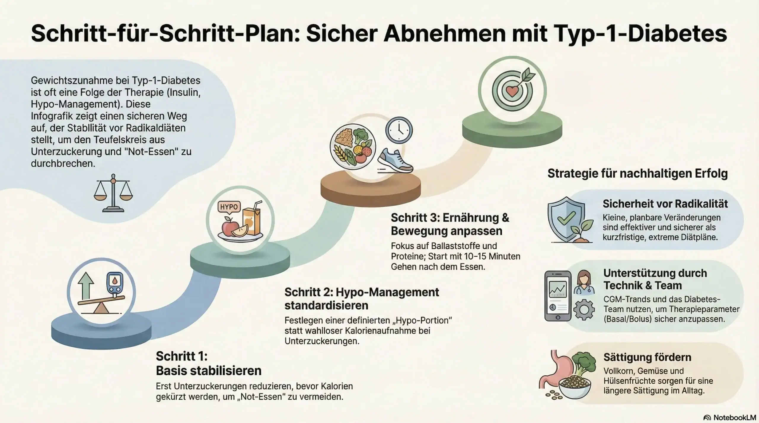 Infografik: Schritt-für-Schritt-Plan zum sicheren Abnehmen mit Typ-1-Diabetes (Basis stabilisieren, Hypo-Management standardisieren, Ernährung und Bewegung anpassen) plus Strategien mit Technik und Diabetes-Team.