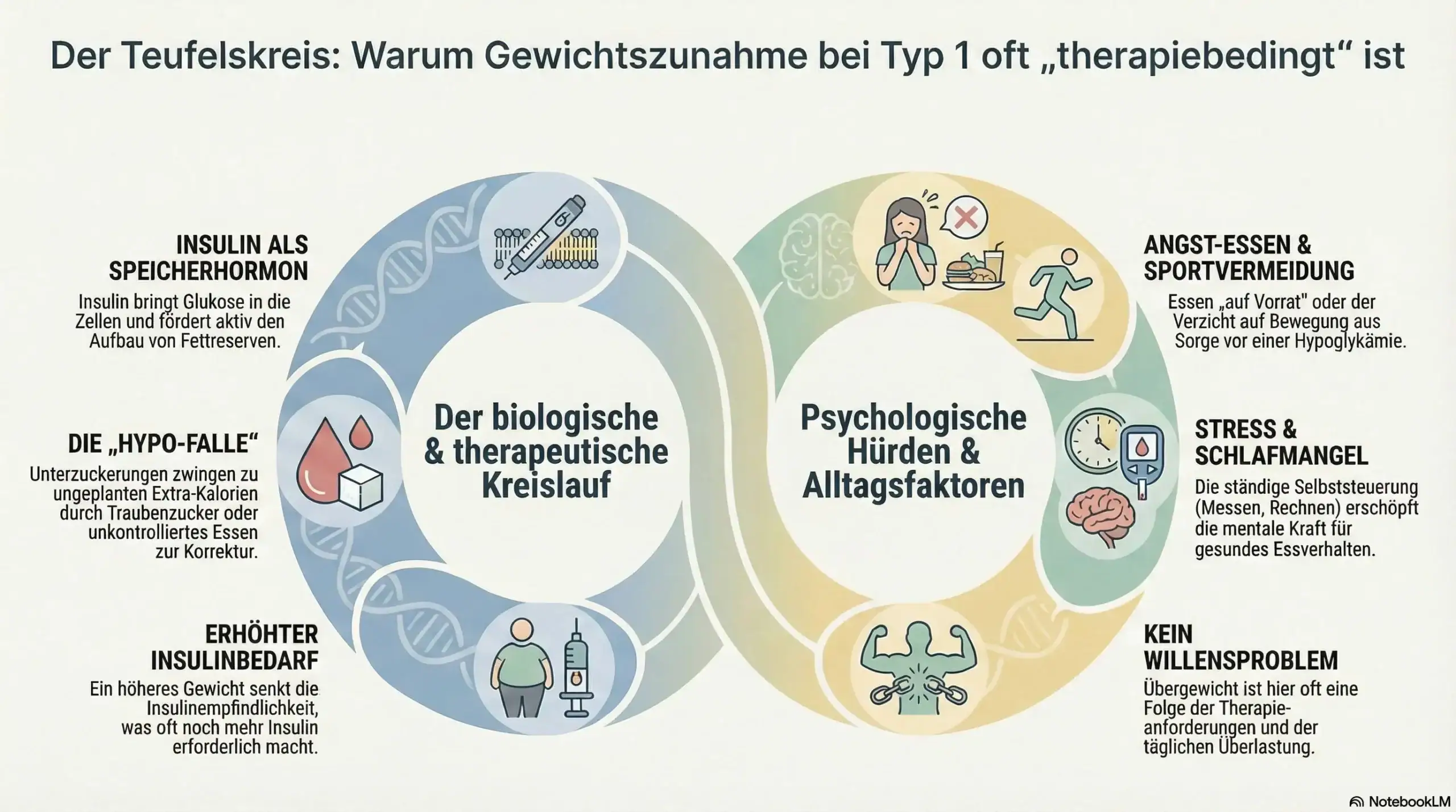 Infografik zeigt den Teufelskreis: Warum Gewichtszunahme bei Diabetes Typ 1 oft therapiebedingt ist – mit Insulinwirkung, Hypo-Falle, erhöhtem Insulinbedarf, Angstessen/Sportvermeidung, Stress und Schlafmangel.