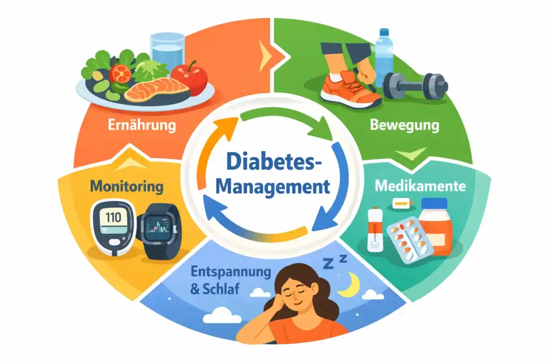 Diabetes-Management als Kreislauf: Ernährung, Bewegung, Monitoring, Medikamente und Schlaf.