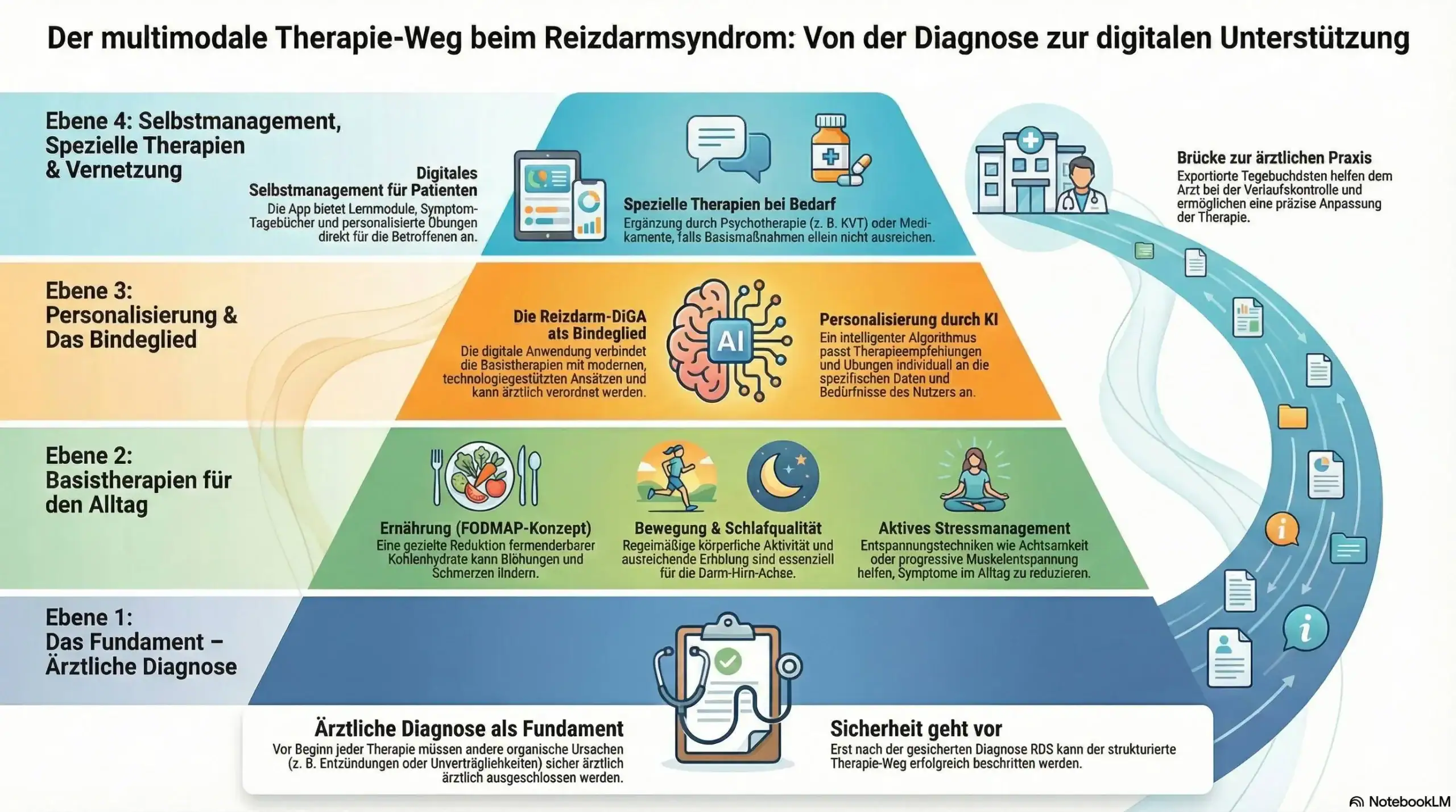 Infografik: Multimodaler Therapie-Weg beim Reizdarmsyndrom – von ärztlicher Diagnose über Basistherapien bis zur Reizdarm-DiGA und Vernetzung.