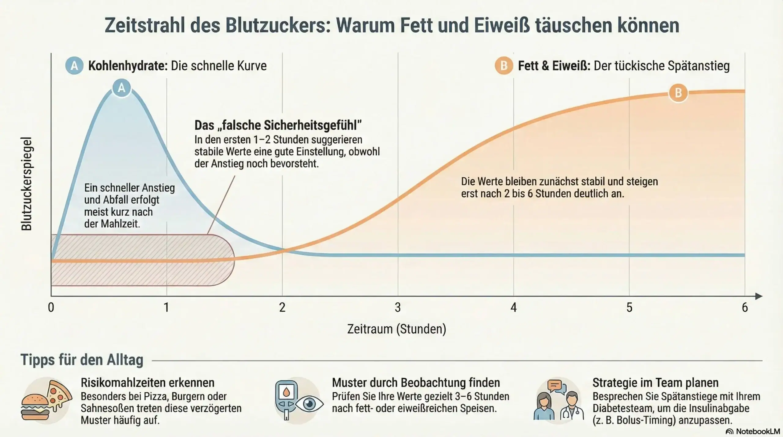 Infografik zum Blutzuckerverlauf nach dem Essen: Kohlenhydrate führen zu einem frühen schnellen Anstieg und Abfall, Fett und Eiweiß zu einem verzögerten Spätanstieg über 2 bis 6 Stunden; mit Alltagstipps zu Risikomahlzeiten, Beobachtung und Besprechung im Diabetes-Team; KI-generierte Darstellung.