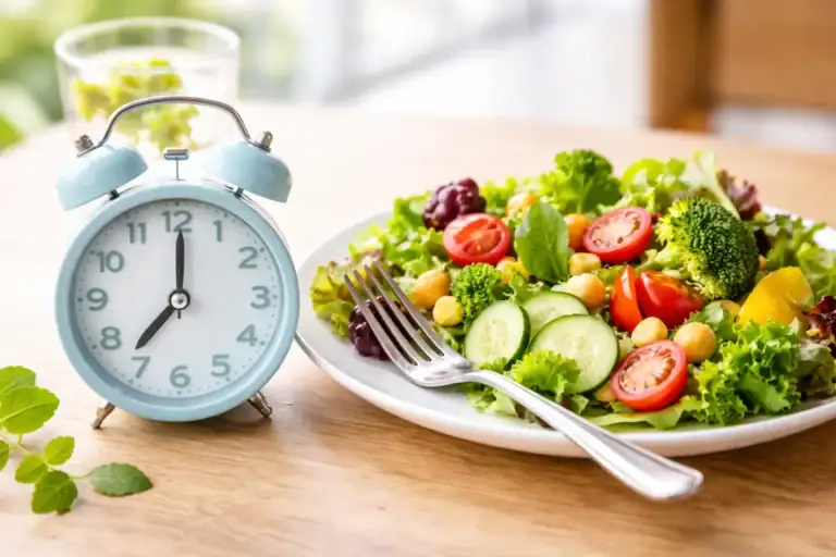 Wecker neben einem Teller mit frischem Salat als Symbolbild für Intervallfasten bei Diabetes Typ 1. KI-generierte Illustration, nicht dokumentarisch.