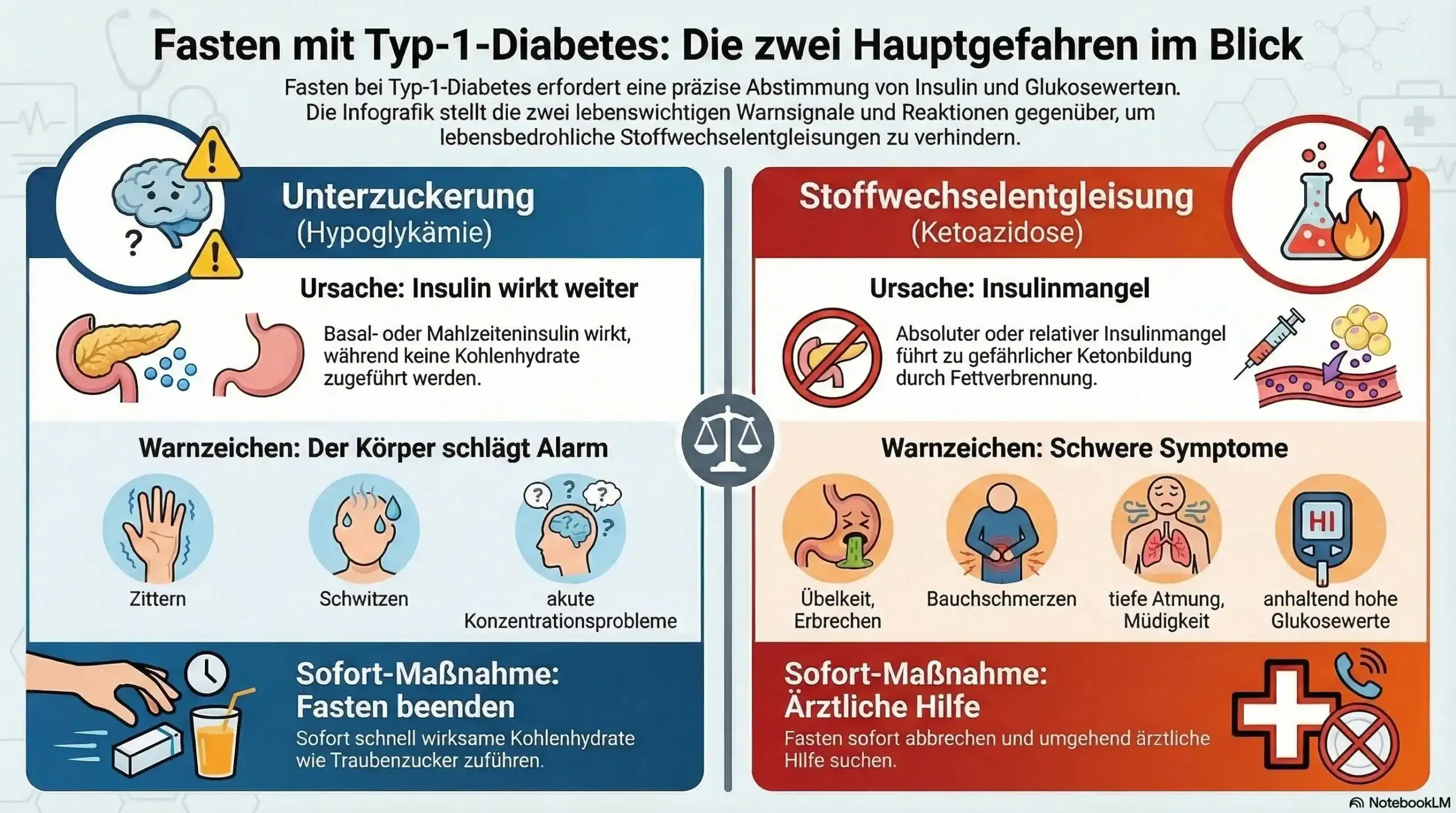 Zwei Hauptgefahren beim Fasten mit Typ-1-Diabetes – Unterzuckerung (Hypoglykämie) und Ketoazidose mit Ursachen, Warnzeichen und Sofortmaßnahmen. KI-generierte Illustration, nicht dokumentarisch.