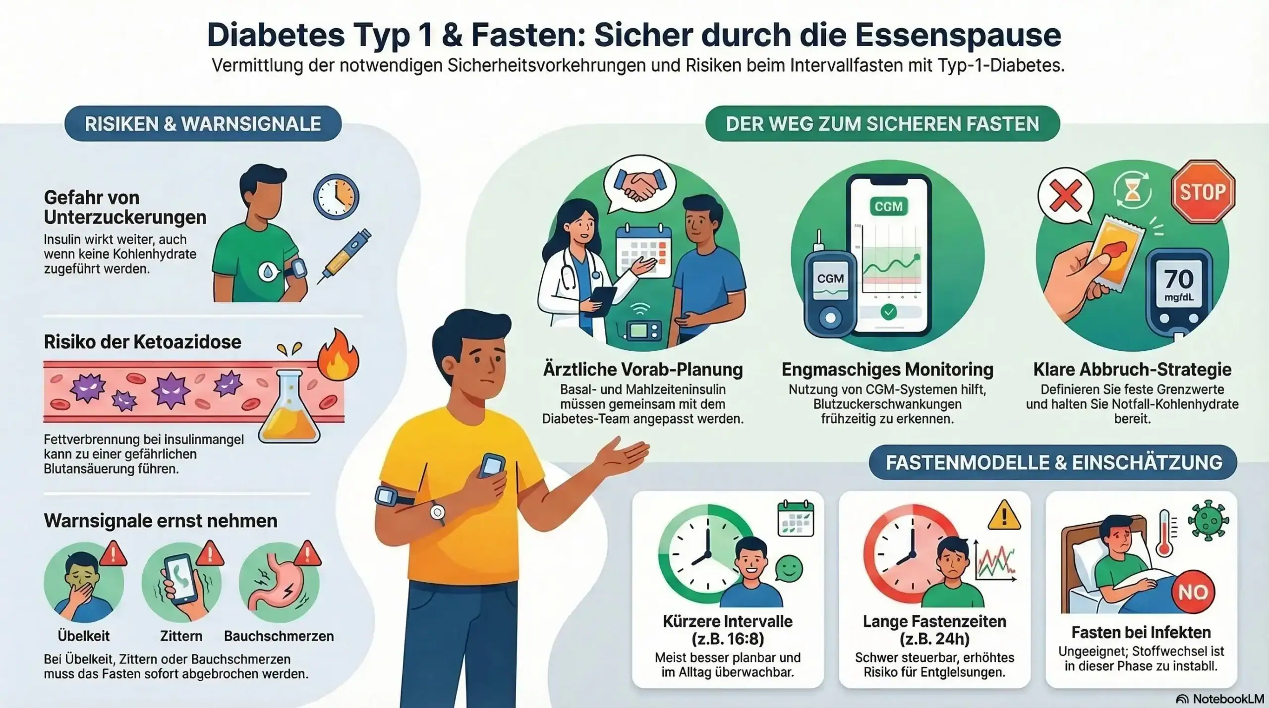 Infografik zu Diabetes Typ 1 und Fasten – Risiken, Warnsignale und sichere Strategien beim Intervallfasten. KI-generierte Illustration, nicht dokumentarisch.