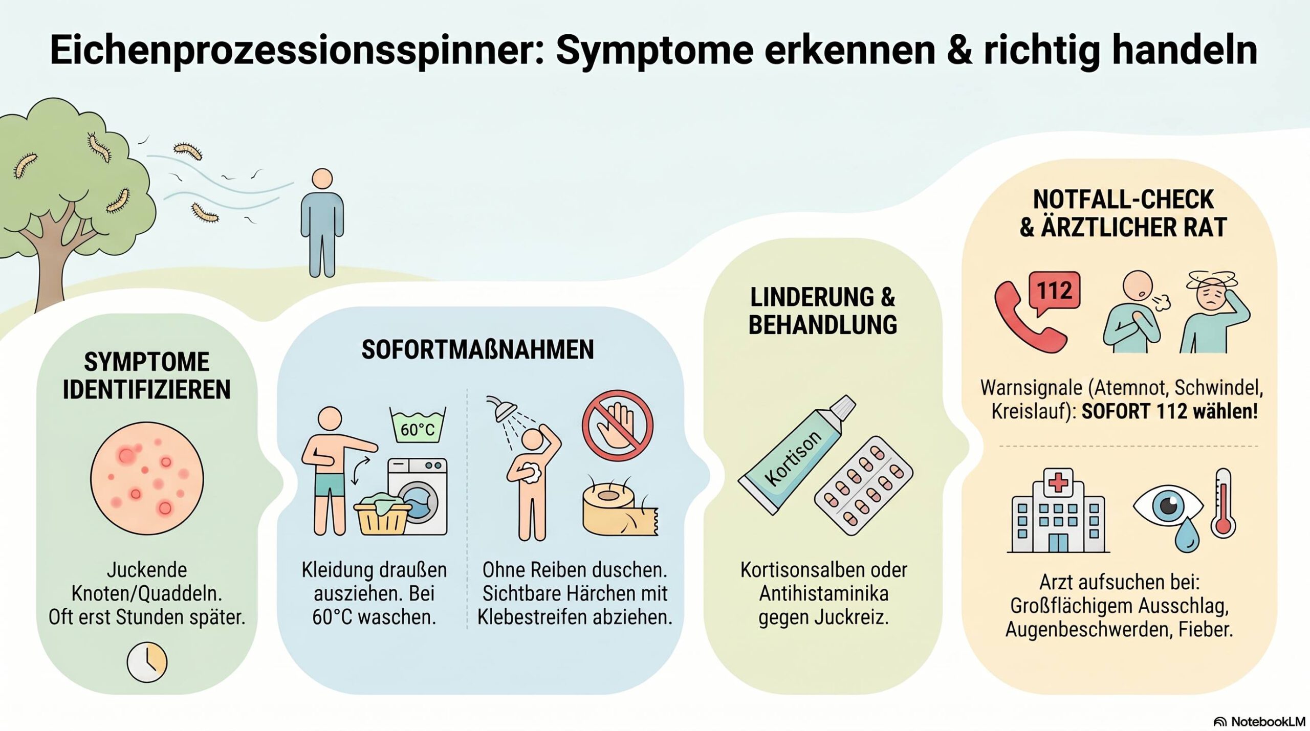 Infografik zu Symptomen, Sofortmaßnahmen und Warnzeichen nach Kontakt mit dem Eichenprozessionsspinner.