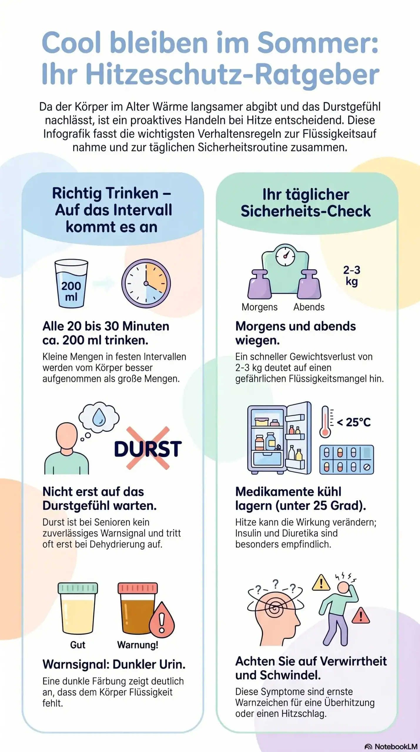 Infografik mit Trinkregeln und Sicherheitsmaßnahmen zum Hitzeschutz für ältere Menschen.